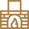 Brown fireplace icon on black background.